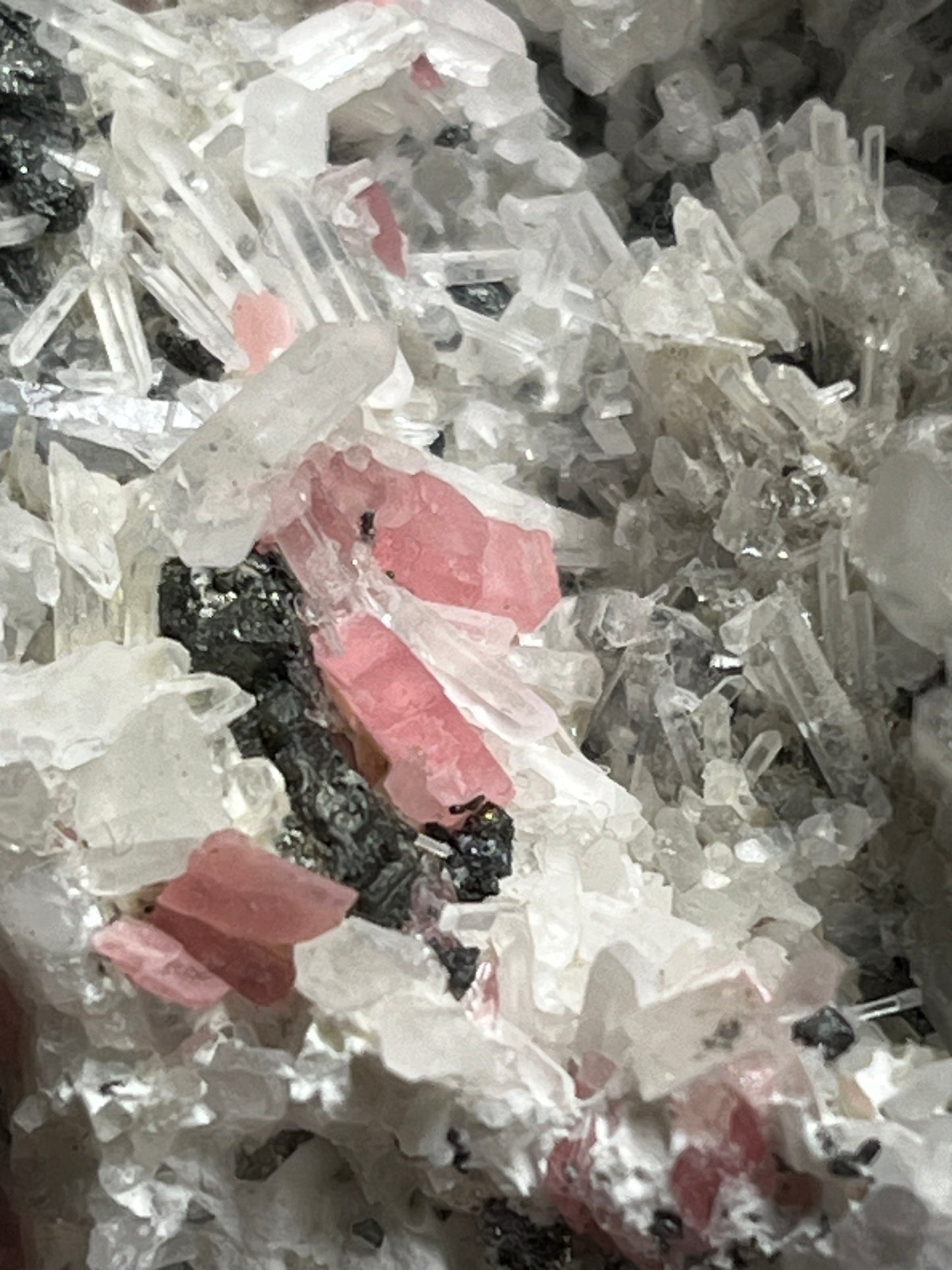 Rhodochrosite and Fluorite on Quartz